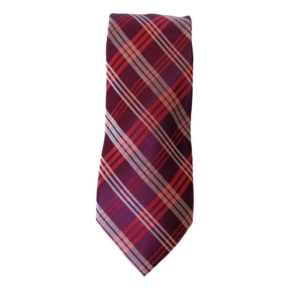 SEAN JOHN Burgundy Red White Color Ground Plaid Silk Classic Tie